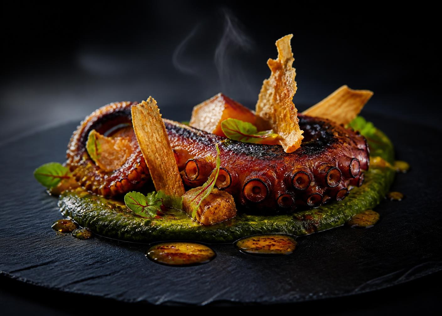 Charred octopus with cassava and callaloo