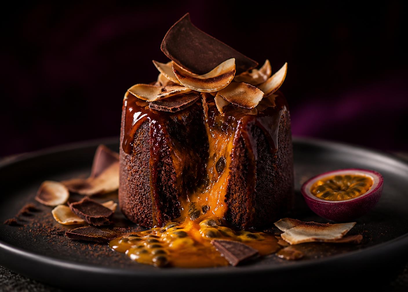 Dark chocolate and rum baba with passionfruit