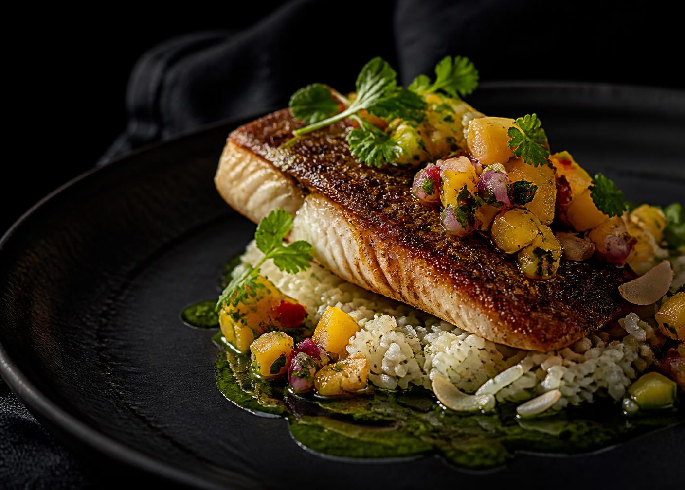 Blackened red snapper with coconut rice